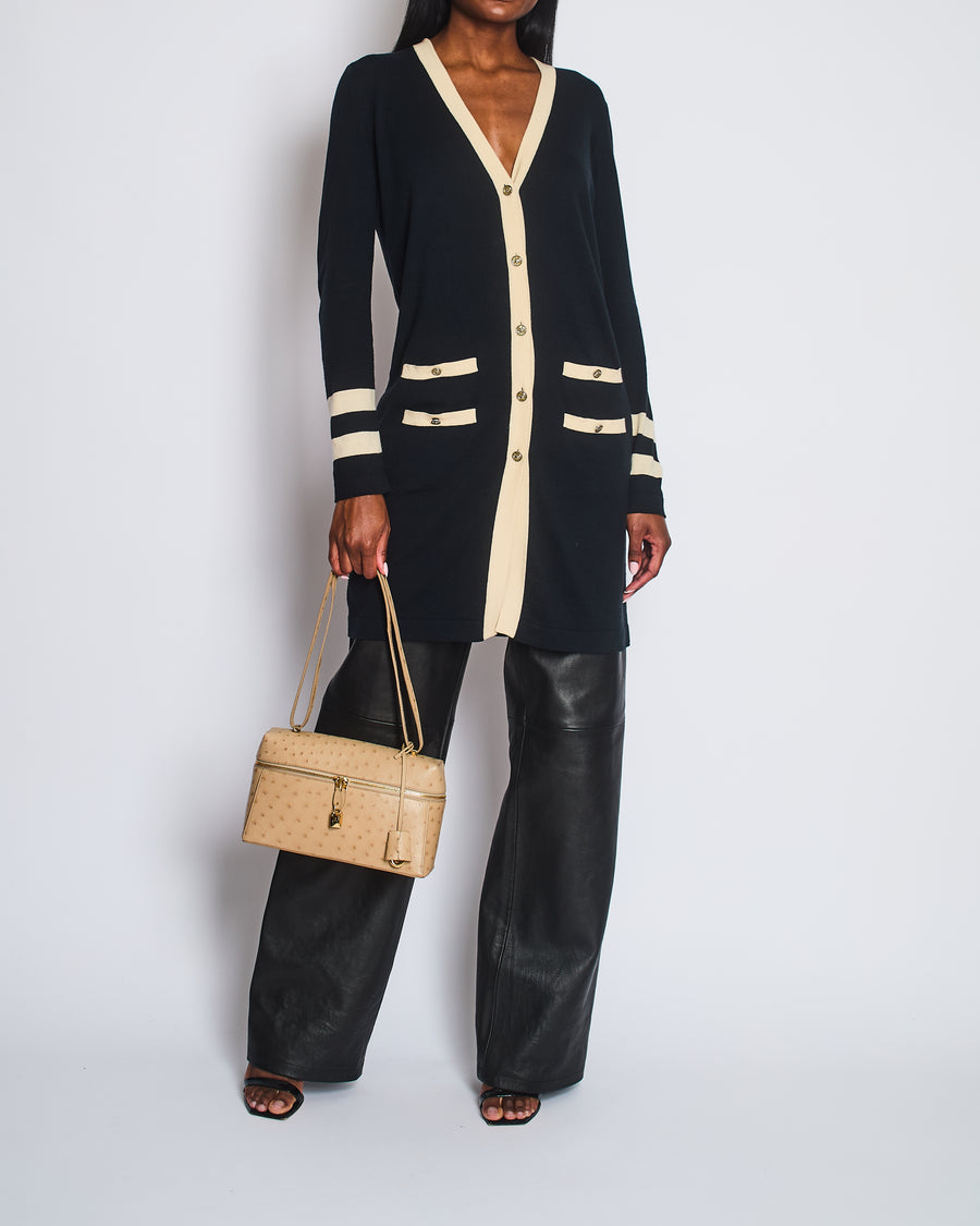 Chanel Black Cashmere Long Cardigan with Cream Trim Detail, Gold Glitter and Silver CC Buttons Size FR 38 (UK 10)