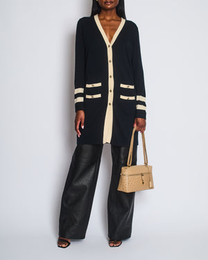 Chanel Black Cashmere Long Cardigan with Cream Trim Detail, Gold Glitter and Silver CC Buttons Size FR 38 (UK 10)