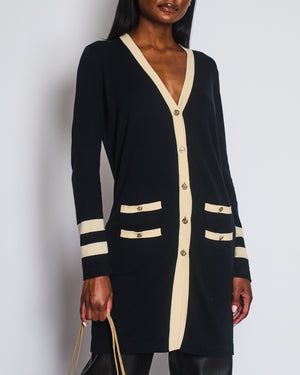 Chanel Black Cashmere Long Cardigan with Cream Trim Detail, Gold Glitter and Silver CC Buttons Size FR 38 (UK 10)