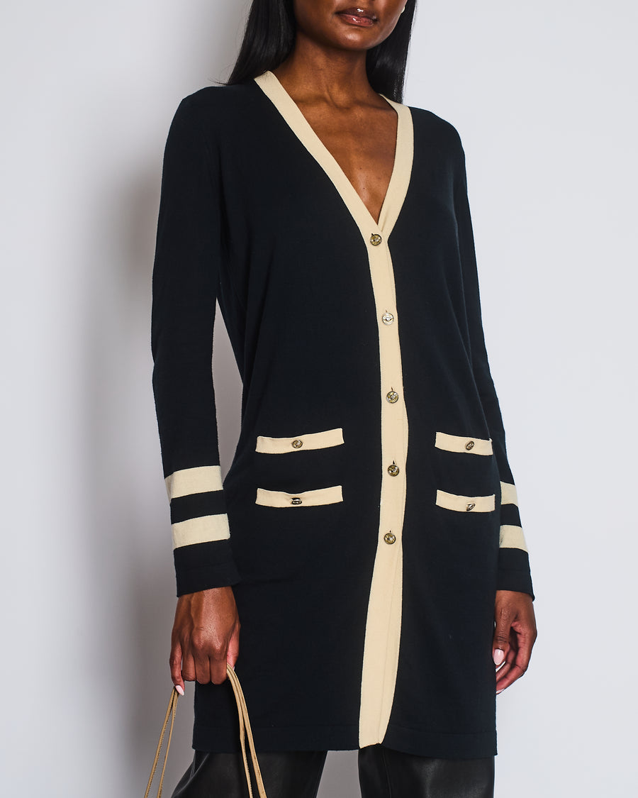 Chanel Black Cashmere Long Cardigan with Cream Trim Detail, Gold Glitter and Silver CC Buttons Size FR 38 (UK 10)