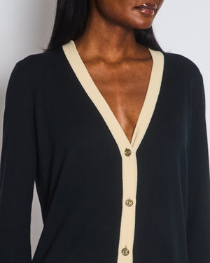 Chanel Black Cashmere Long Cardigan with Cream Trim Detail, Gold Glitter and Silver CC Buttons Size FR 38 (UK 10)