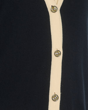 Chanel Black Cashmere Long Cardigan with Cream Trim Detail, Gold Glitter and Silver CC Buttons Size FR 38 (UK 10)