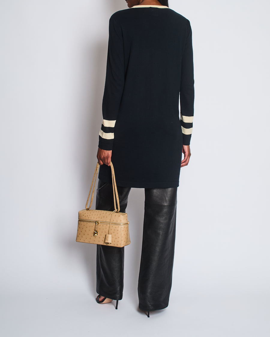 Chanel Black Cashmere Long Cardigan with Cream Trim Detail, Gold Glitter and Silver CC Buttons Size FR 38 (UK 10)