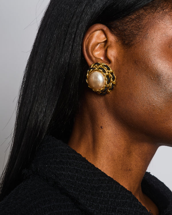 Chanel 2005 Vintage Large Round Gold Chain and Black Leather Clip On Earrings with Pearl