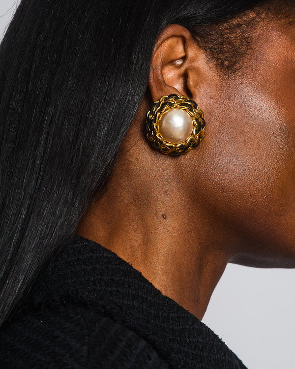 Chanel 2005 Vintage Large Round Gold Chain and Black Leather Clip On Earrings with Pearl