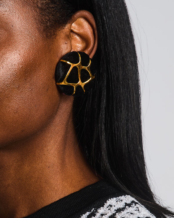 Chanel 2005 Vintage Black Velours and Gold Giraffe Clip On Earrings
