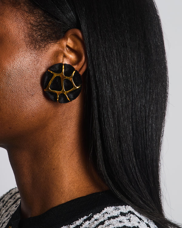 Chanel 2005 Vintage Black Velours and Gold Giraffe Clip On Earrings
