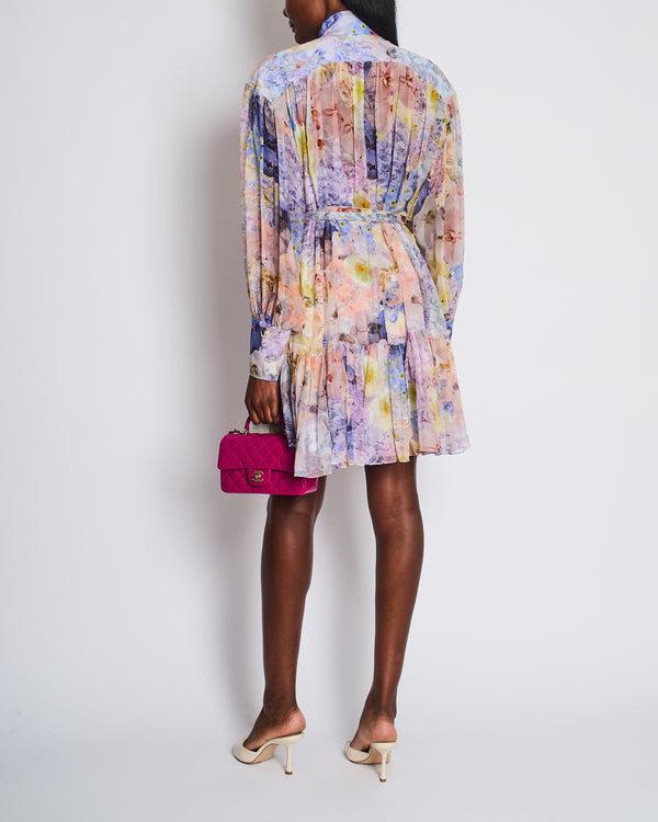 Zimmermann Blue and Pink Floral Print Sheer Rhythmic Lantern Mini Dress with Tie Belt Size 4 (UK 16)