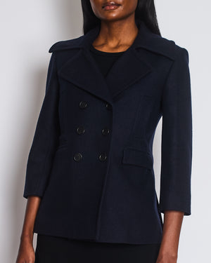 Celine Navy Double Breasted Wool Coat with Lapel Detail Size FR 36