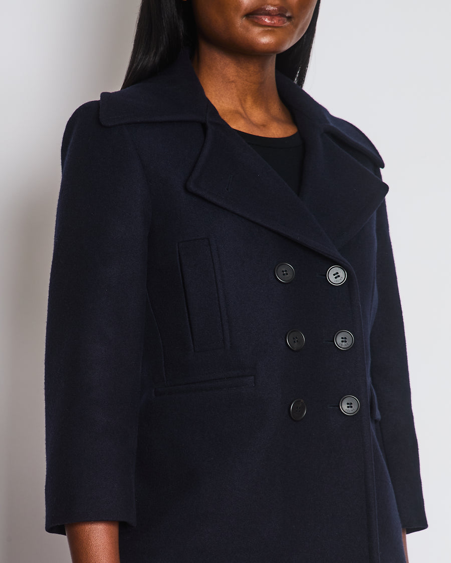 Celine Navy Double Breasted Wool Coat with Lapel Detail Size FR 36 (UK 8)