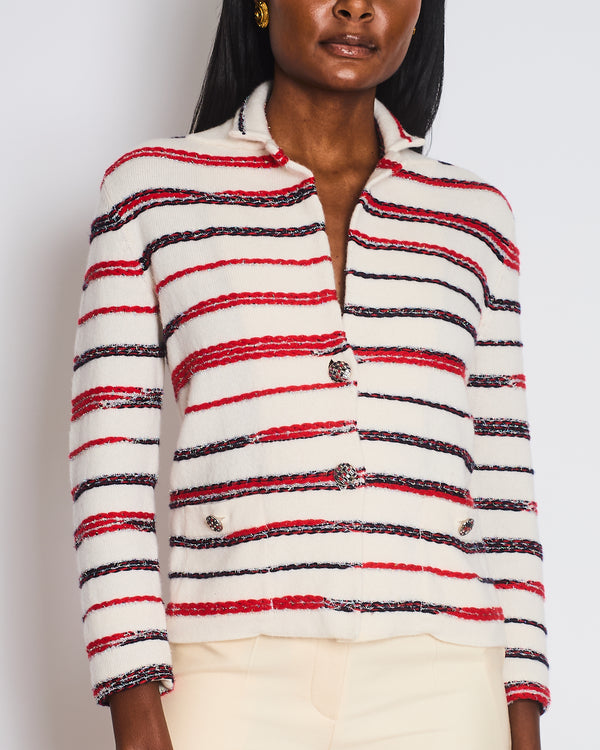 Chanel 20/S White Striped Tweed Button Down Cashmere Cardigan Size FR 34 (UK 6)