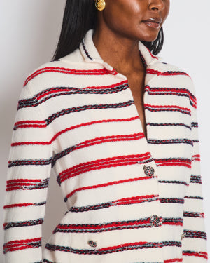 Chanel 20/S White Striped Tweed Button Down Cashmere Cardigan Size FR 34 (UK 6)