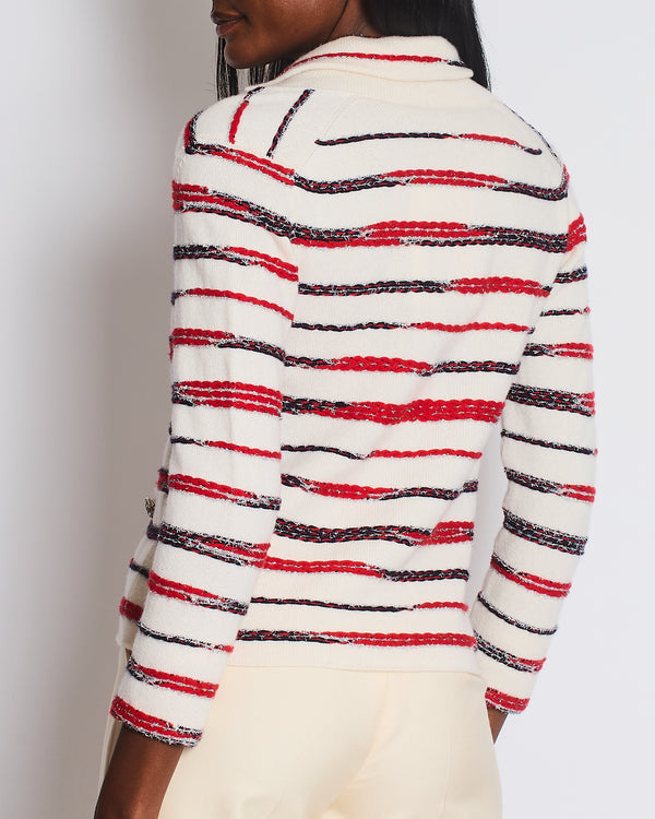 Chanel 20/S White Striped Tweed Button Down Cashmere Cardigan Size FR 34 (UK 6)