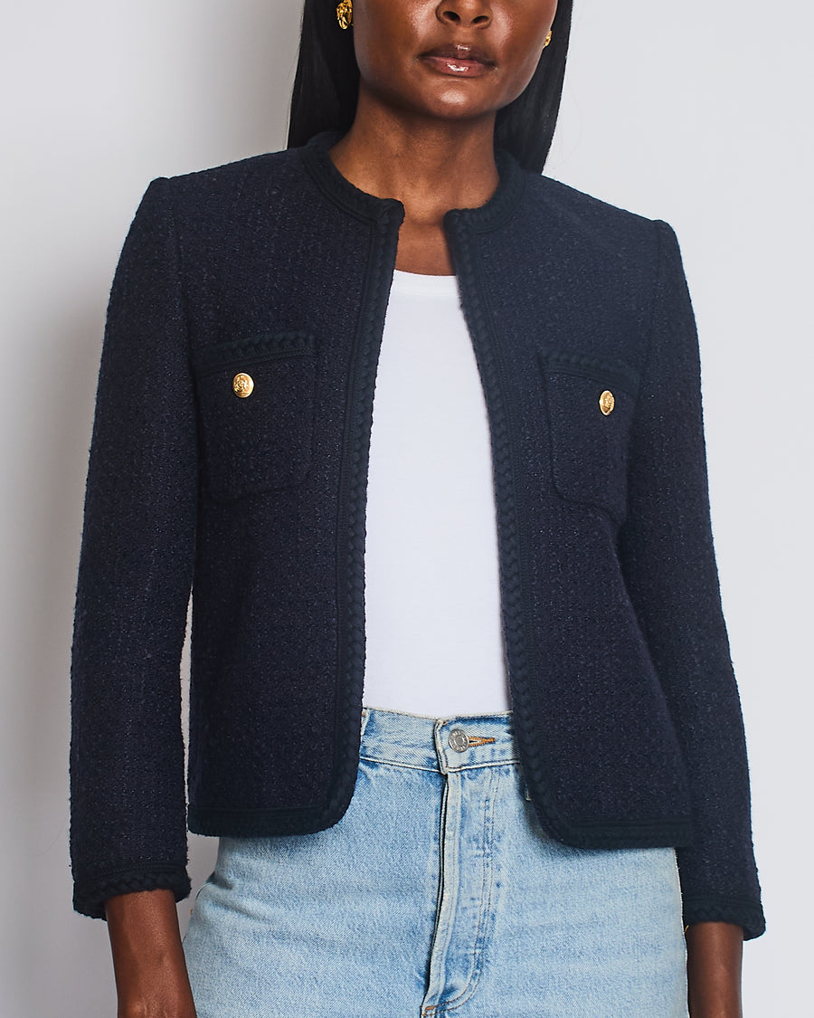 Celine Navy Tweed Round Neck Jacket with Logo Button Detail Size FR 34 (UK 6)