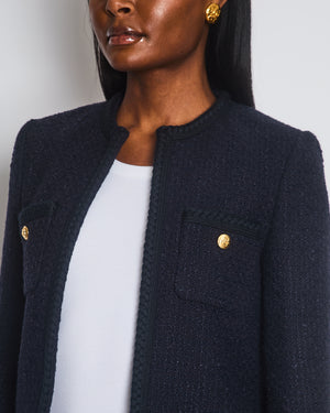 Celine Navy Tweed Round Neck Jacket with Logo Button Detail Size FR 34 (UK 6)