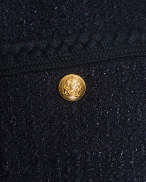 Celine Navy Tweed Round Neck Jacket with Logo Button Detail Size FR 34 (UK 6)