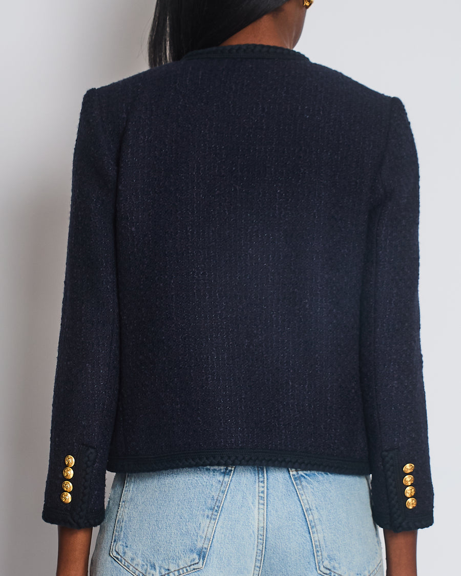 Celine Navy Tweed Round Neck Jacket with Logo Button Detail Size FR 34 (UK 6)