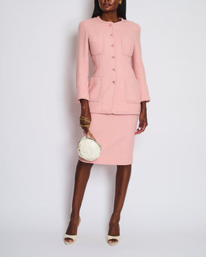 Chanel 93C Pink Tweed Skirt and Jacket Set with Logo Buttons and Pocket Detail FR 38 (UK 10)