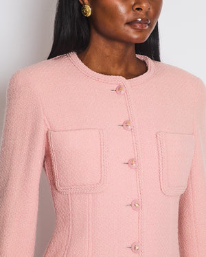 Chanel 93C Pink Tweed Skirt and Jacket Set with Logo Buttons and Pocket Detail FR 38 (UK 10)