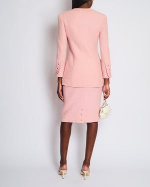 Chanel 93C Pink Tweed Skirt and Jacket Set with Logo Buttons and Pocket Detail FR 38 (UK 10)