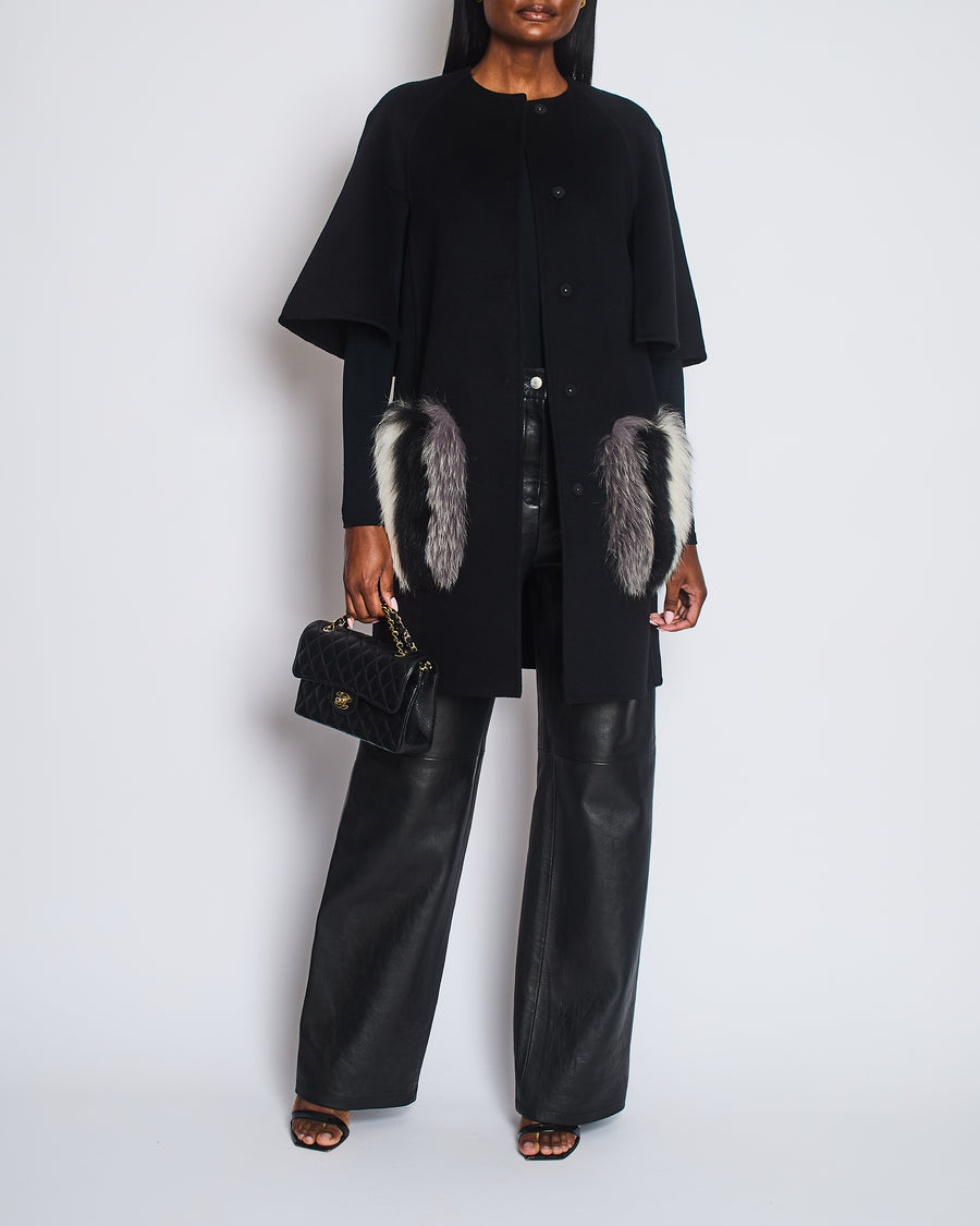 Fendi Black Short Sleeve Wool Coat with Fox Fur Striped Pocket Detail Size IT 38 (UK 6)