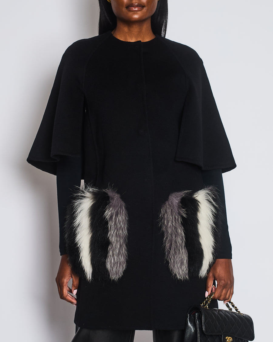 Fendi Black Short Sleeve Wool Coat with Fox Fur Striped Pocket Detail Size IT 38 (UK 6)