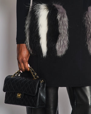 Fendi Black Short Sleeve Wool Coat with Fox Fur Striped Pocket Detail Size IT 38 (UK 6)