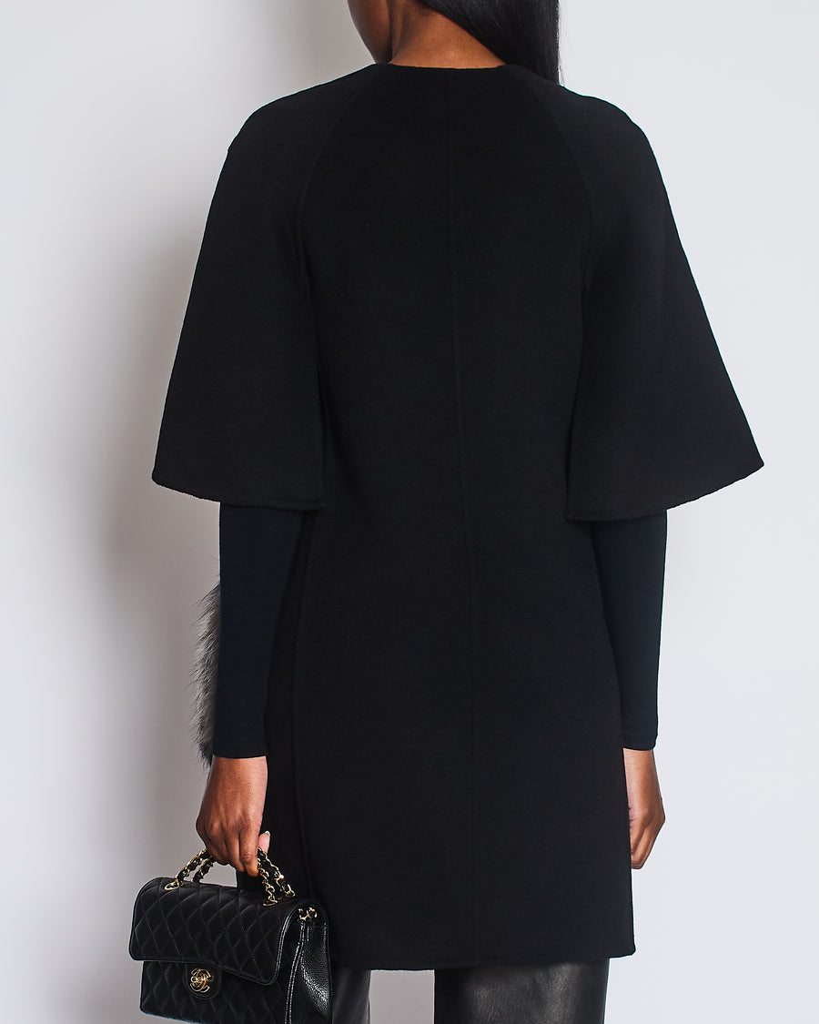 Fendi Black Short Sleeve Wool Coat with Fox Fur Striped Pocket Detail Size IT 38 (UK 6)