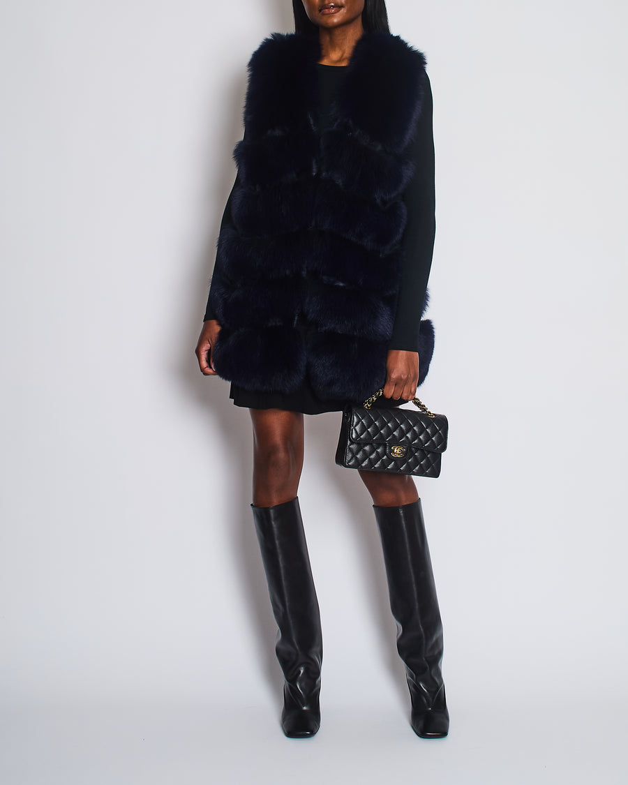 Sam-Rone Navy Fox Fur Gilet with Astrakhan Panel Detail Size M (UK 10)