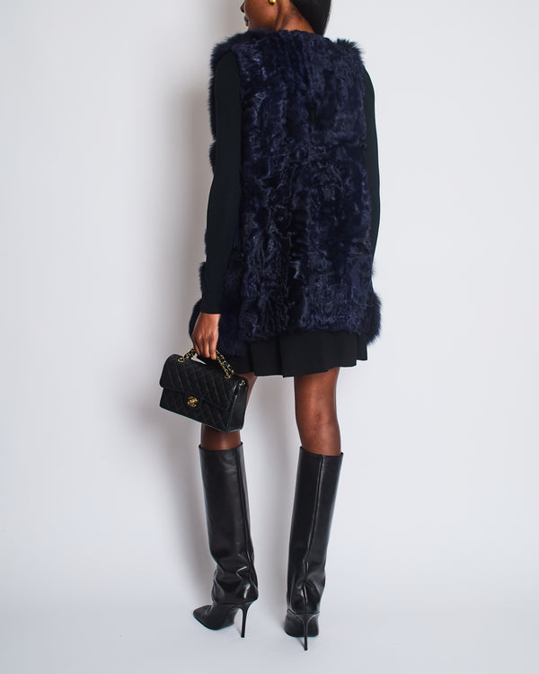 Sam-Rone Navy Fox Fur Gilet with Astrakhan Panel Detail Size M (UK 10)