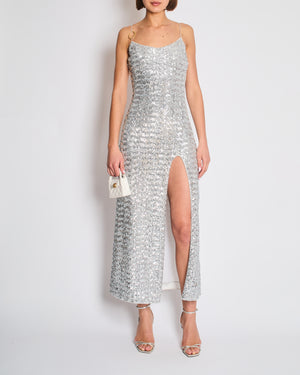 Oséree Silver Sequin Pailettes Maxi Dress with Gold Ring Strap Detail and Side Slit Size L (UK 12)