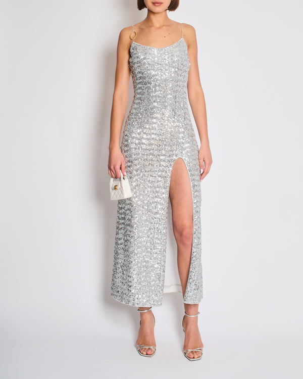 Oséree Silver Sequin Pailettes Maxi Dress with Gold Ring Strap Detail and Side Slit Size L (UK 12)