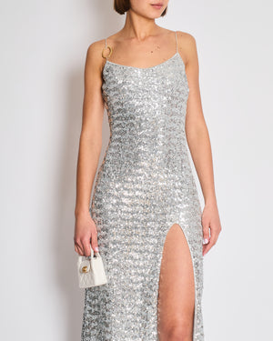 Oséree Silver Sequin Pailettes Maxi Dress with Gold Ring Strap Detail and Side Slit Size L (UK 12)