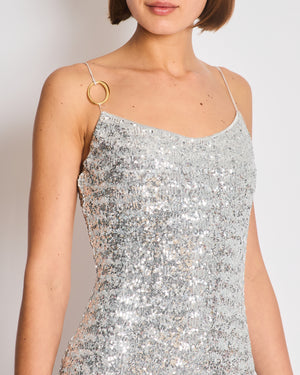 Oséree Silver Sequin Pailettes Maxi Dress with Gold Ring Strap Detail and Side Slit Size L (UK 12)