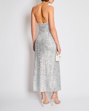 Oséree Silver Sequin Pailettes Maxi Dress with Gold Ring Strap Detail and Side Slit Size L (UK 12)