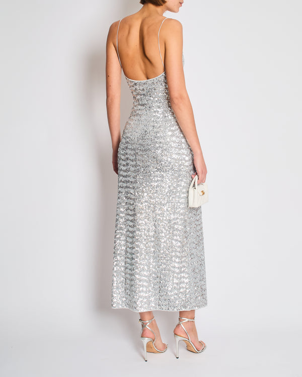 Oséree Silver Sequin Pailettes Maxi Dress with Gold Ring Strap Detail and Side Slit Size L (UK 12)