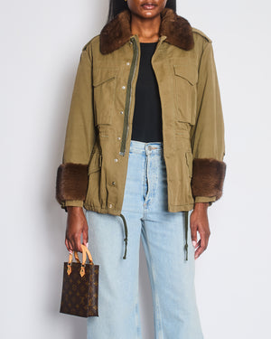 Gucci Khaki Jacket with Brown Mink Fur Trim and Shearling Lining with Logo Print Size IT 38 (UK 6)