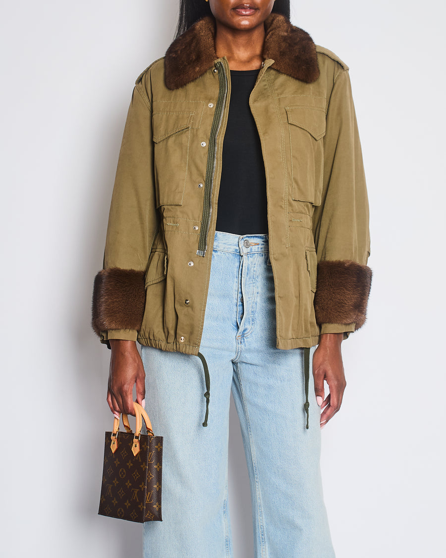 Gucci Khaki Jacket with Brown Mink Fur Trim and Shearling Lining with Logo Print Size IT 38 (UK 6)