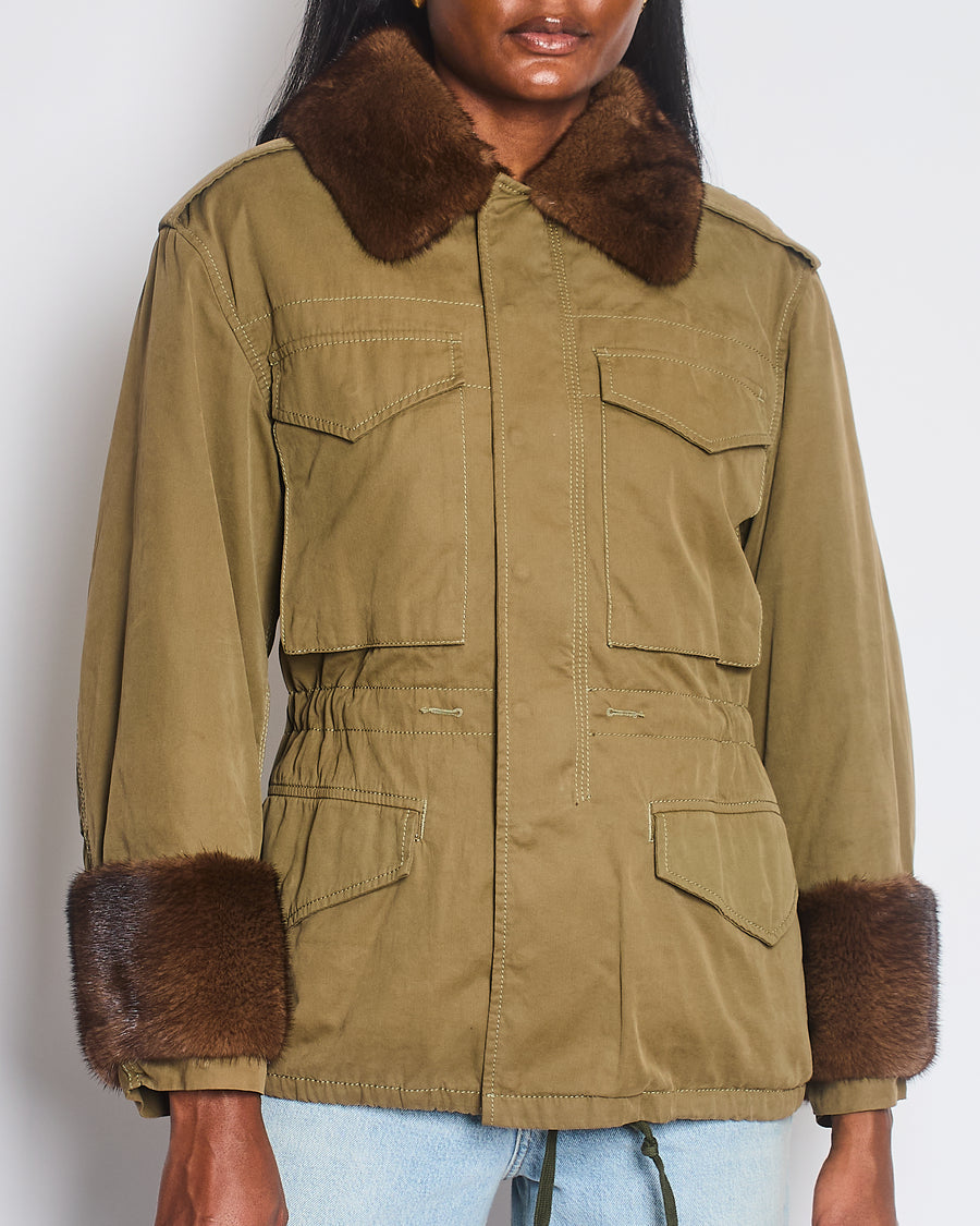 Gucci Khaki Jacket with Brown Mink Fur Trim and Shearling Lining with Logo Print Size IT 38 (UK 6)