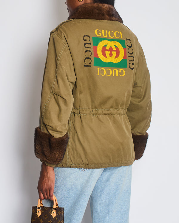 Gucci Khaki Jacket with Brown Mink Fur Trim and Shearling Lining with Logo Print Size IT 38 (UK 6)