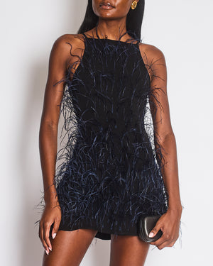 Cult Gaia Black Shannon Mini Dress with Navy Feather Details Size XS (UK 6) RRP £1,400