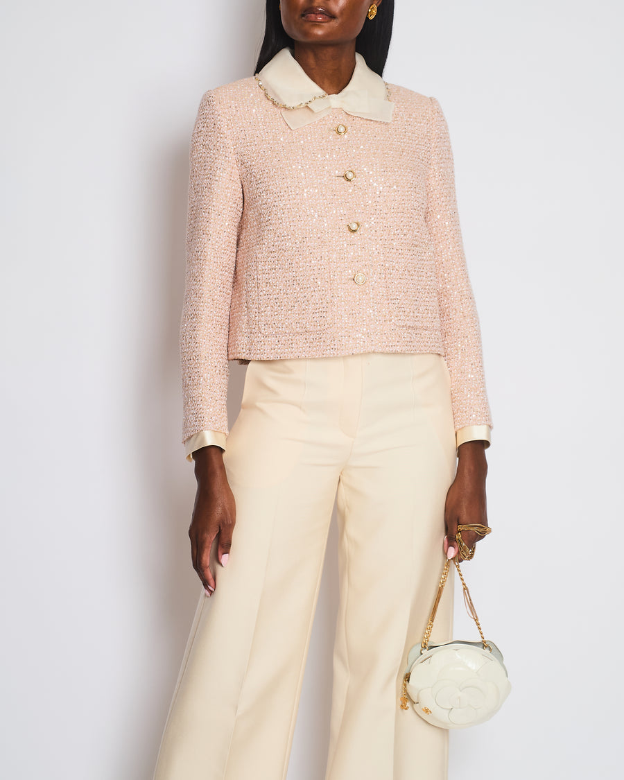 Miu Miu Pastel Pink Embellished Long Sleeve Tweed Jacket Size IT 40 (UK 8)