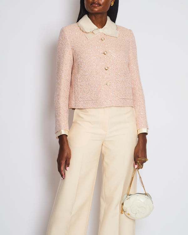 Miu Miu Pastel Pink Embellished Long Sleeve Tweed Jacket Size IT 40 (UK 8)