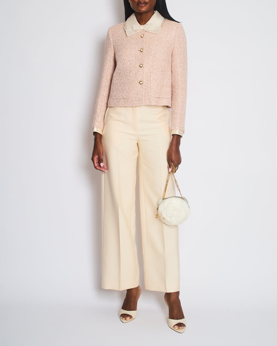 Miu Miu Pastel Pink Embellished Long Sleeve Tweed Jacket Size IT 40 (UK 8)