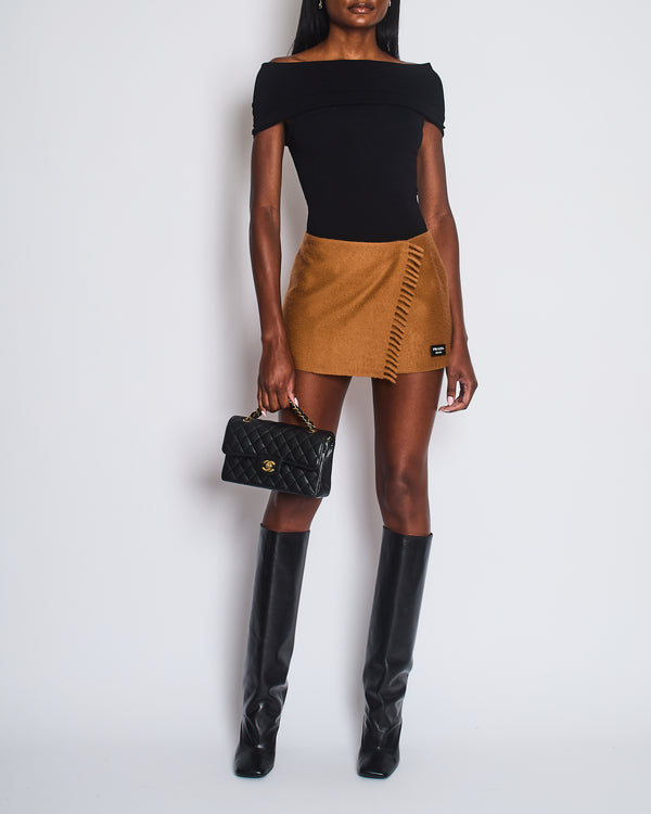 Prada Brown Wraparound Cashmere Mini Skirt with Fringe Detail and Logo Patch Size IT 38 (UK 6)