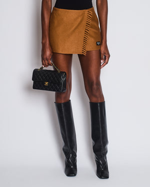 Prada Brown Wraparound Cashmere Mini Skirt with Fringe Detail and Logo Patch Size IT 38 (UK 6)