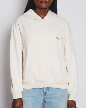 Prada Cream Cotton Hoodie with Logo and Pocket Detail Size XS (UK 6)