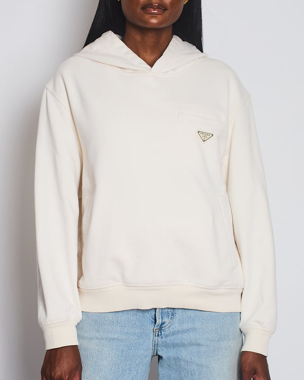 Prada Cream Cotton Hoodie with Logo and Pocket Detail Size XS (UK 6)