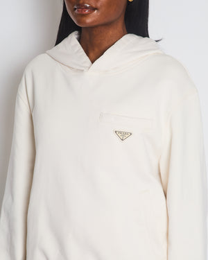 Prada Cream Cotton Hoodie with Logo and Pocket Detail Size XS (UK 6)