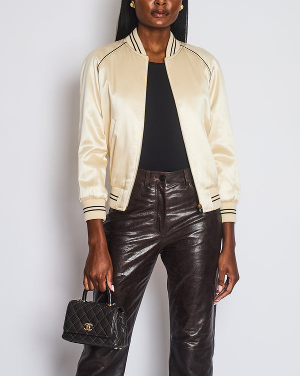 Celine Cream Satin Varsity Bomber Jacket with Brown Embroidered Logo Detail Size FR 34 (UK 6)